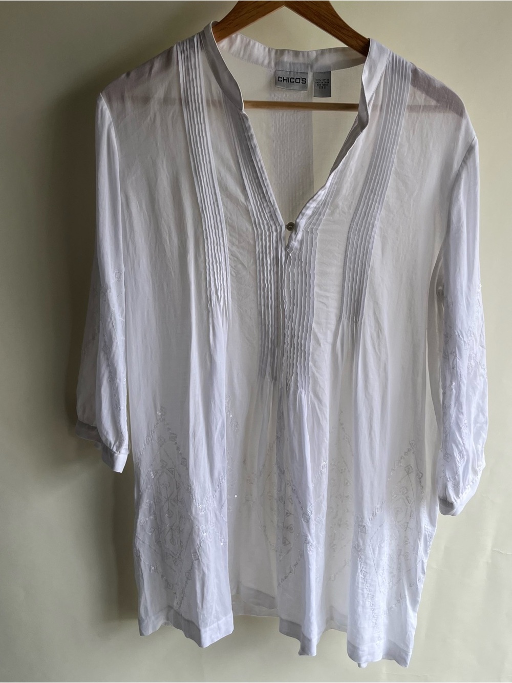 Chico’s Sequined 100% Cotton Tunic Sz 2 Lg 12 Women’s White EUC